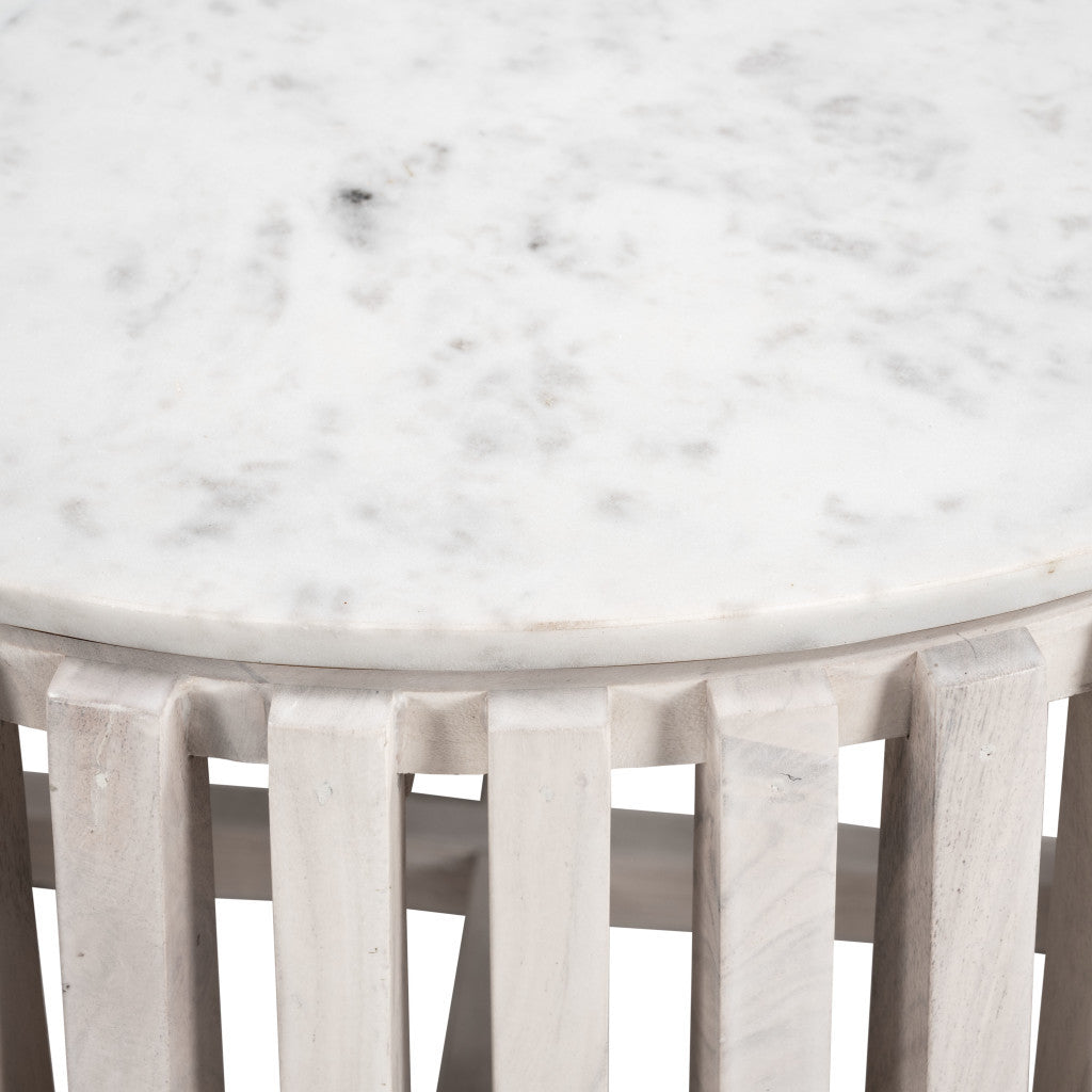 34" White and Natural Genuine Marble and Wood Round Drum Coffee Table - Loft&Timber