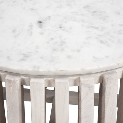 34" White and Natural Genuine Marble and Wood Round Drum Coffee Table - Loft&Timber