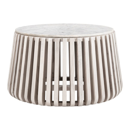 34" White and Natural Genuine Marble and Wood Round Drum Coffee Table - Loft&Timber
