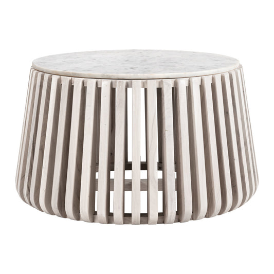 34" White and Natural Genuine Marble and Wood Round Drum Coffee Table - Loft&Timber