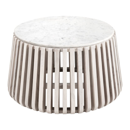 34" White and Natural Genuine Marble and Wood Round Drum Coffee Table - Loft&Timber