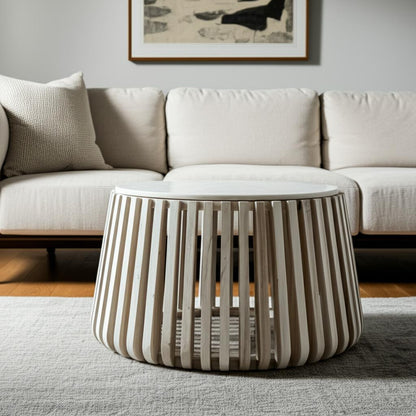34" White and Natural Genuine Marble and Wood Round Drum Coffee Table - Loft&Timber