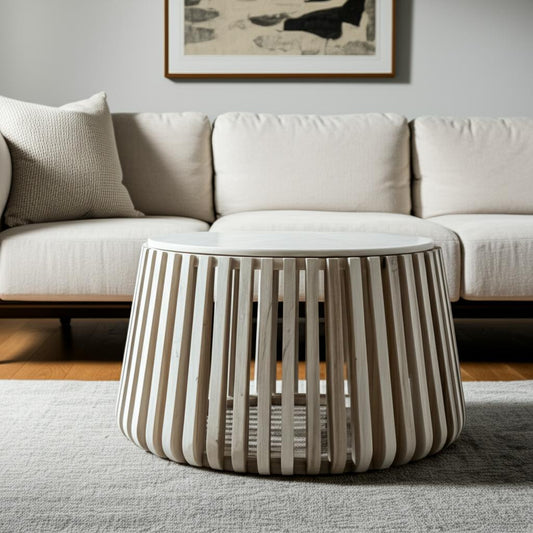 34" White and Natural Genuine Marble and Wood Round Drum Coffee Table - Loft&Timber