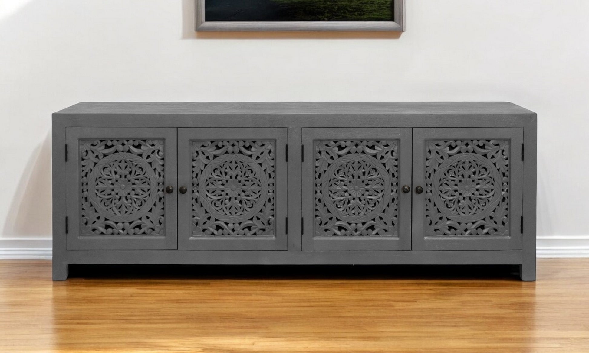 86" Dark Gray Carved Floral Distressed Solid Wood Enclosed Storage TV Stand-1