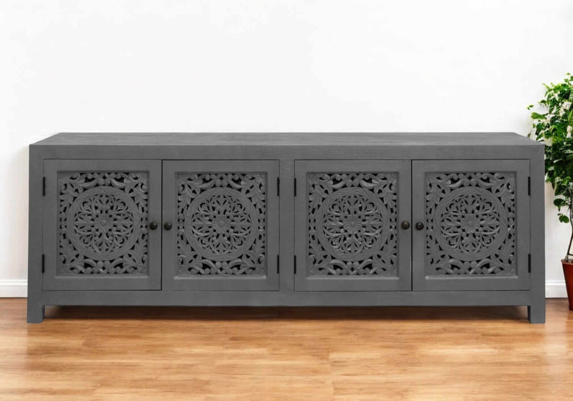 86" Dark Gray Carved Floral Distressed Solid Wood Enclosed Storage TV Stand-0