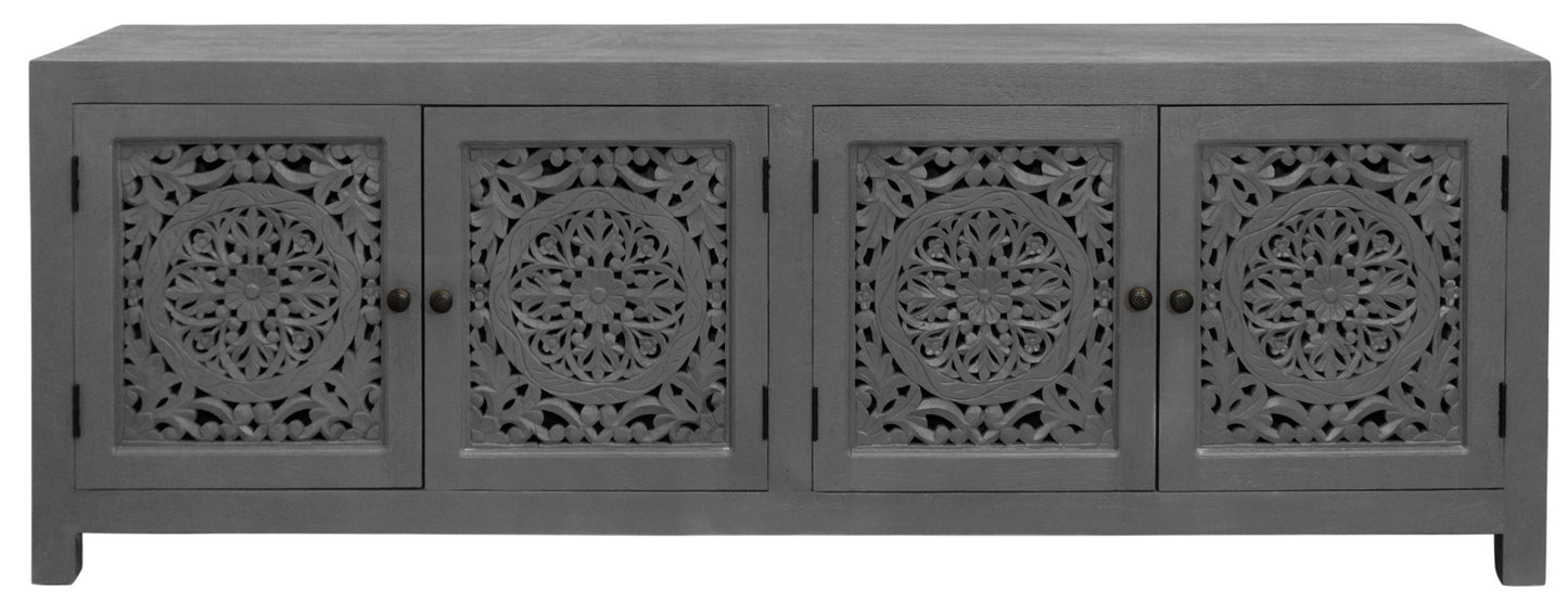 86" Dark Gray Carved Floral Distressed Solid Wood Enclosed Storage TV Stand-2