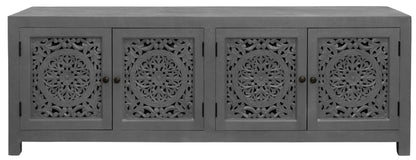 86" Dark Gray Carved Floral Distressed Solid Wood Enclosed Storage TV Stand-2