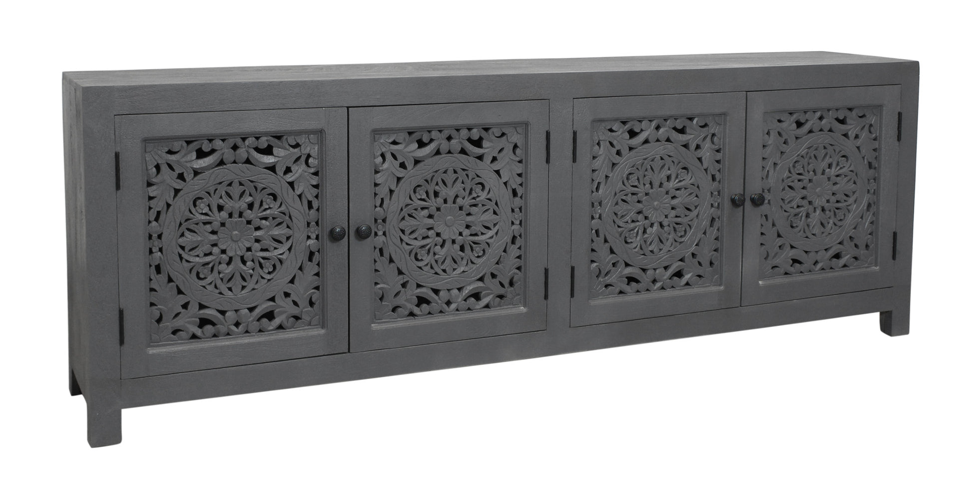 86" Dark Gray Carved Floral Distressed Solid Wood Enclosed Storage TV Stand-3