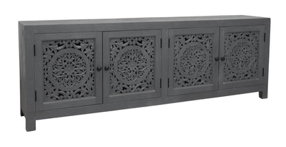 86" Dark Gray Carved Floral Distressed Solid Wood Enclosed Storage TV Stand-3