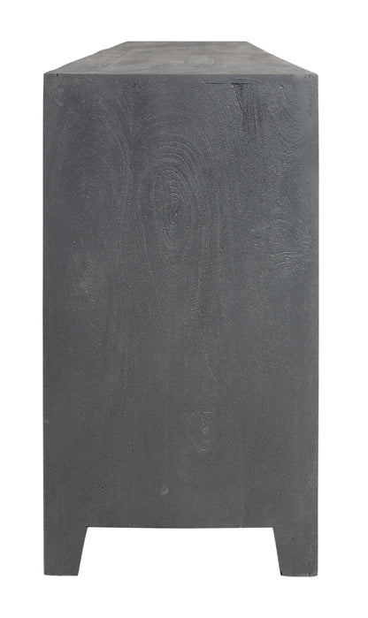 86" Dark Gray Carved Floral Distressed Solid Wood Enclosed Storage TV Stand-4