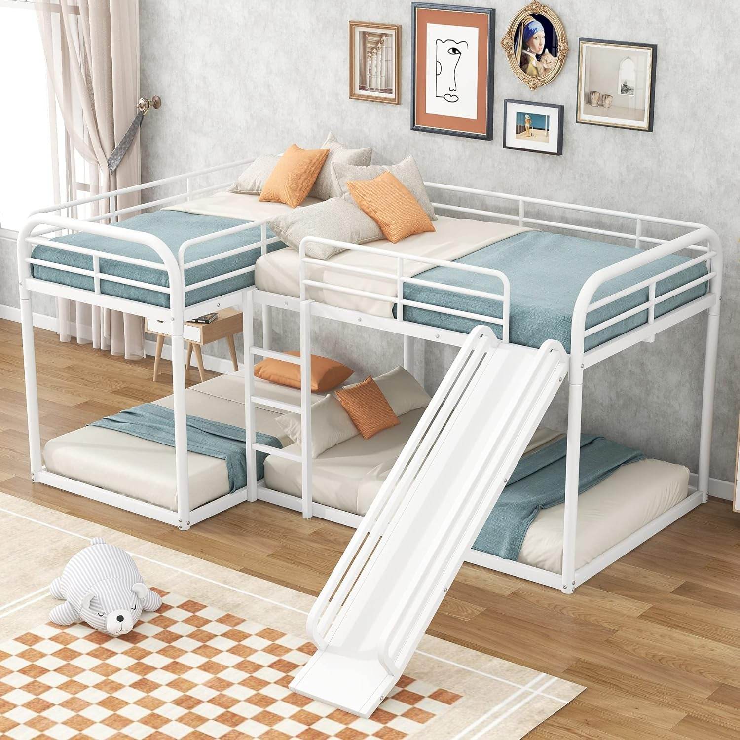 L-Shape Bunk Beds with Slide, Quad Bunk Bed for 4, Metal Twin Size Bunk Bed Attached with Full Size Bunk Bed Frame, Modern Corner Bunked for Multi-Kids Boys Girls Teens (White) - Loft&Timber