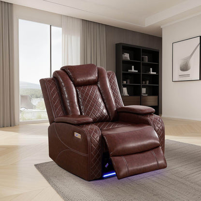 Power Brown Leather Reclining Sofa Set with LED Light - Loft&Timber