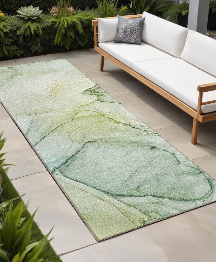 8' Runner Green Abstract Washable Non Skid Indoor Outdoor Runner Rug - Loft&Timber