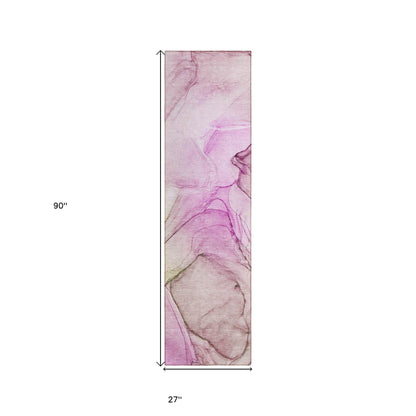 8' Runner Pink Abstract Washable Non Skid Indoor Outdoor Runner Rug - Loft&Timber