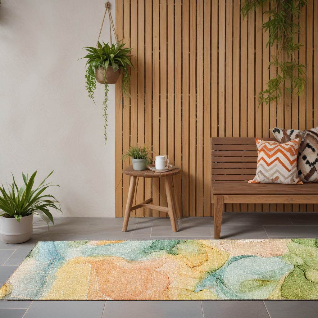 8' Runner Blue Abstract Washable Non Skid Indoor Outdoor Runner Rug - Loft&Timber