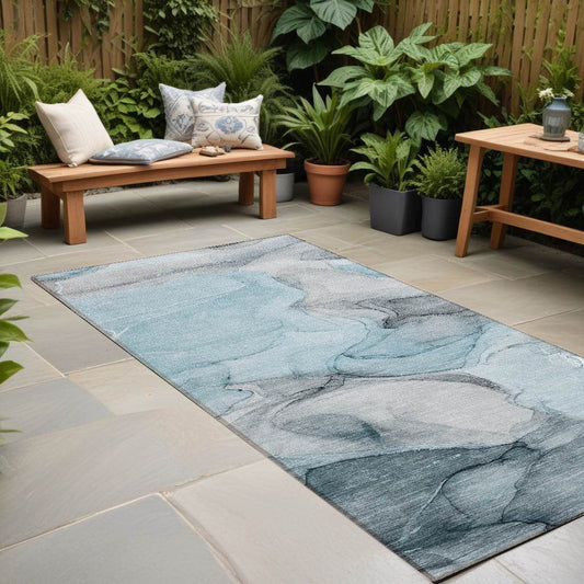 8' Runner Teal Abstract Washable Non Skid Indoor Outdoor Runner Rug - Loft&Timber