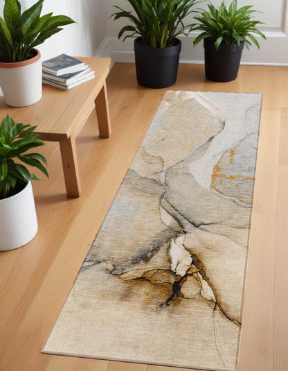 8' Runner Beige Abstract Washable Non Skid Indoor Outdoor Runner Rug - Loft&Timber