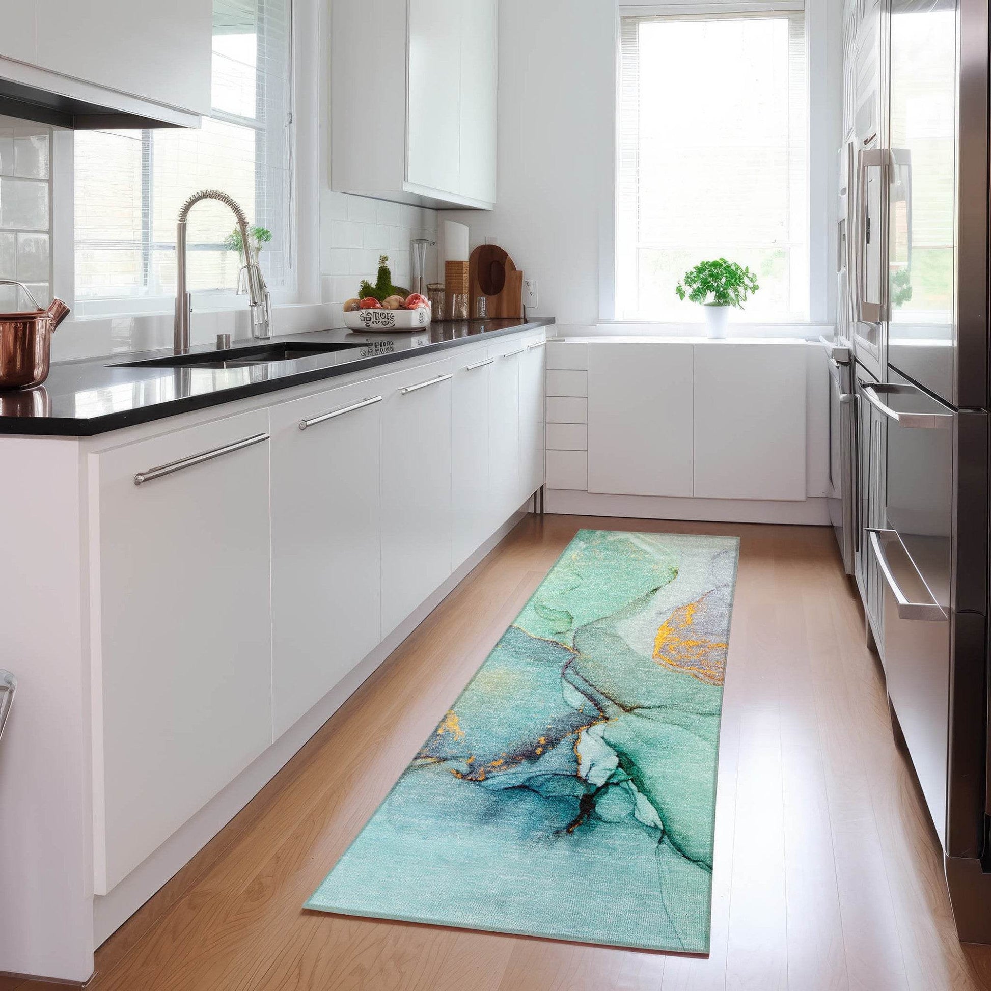 8' Runner Teal Abstract Washable Non Skid Indoor Outdoor Runner Rug - Loft&Timber