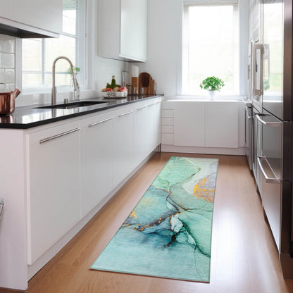 8' Runner Teal Abstract Washable Non Skid Indoor Outdoor Runner Rug - Loft&Timber