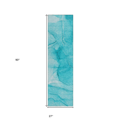 8' Runner Teal Abstract Washable Non Skid Indoor Outdoor Runner Rug - Loft&Timber