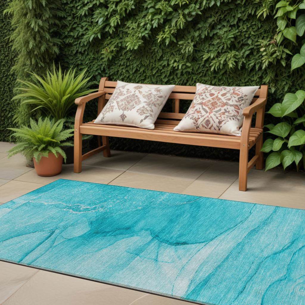 8' Runner Teal Abstract Washable Non Skid Indoor Outdoor Runner Rug - Loft&Timber