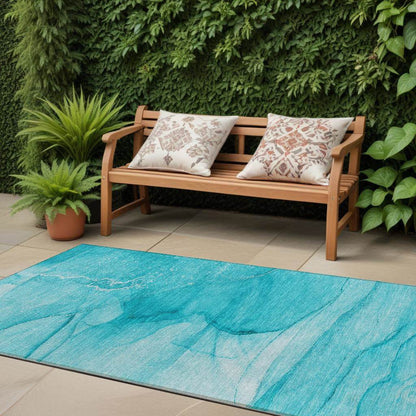 8' Runner Teal Abstract Washable Non Skid Indoor Outdoor Runner Rug - Loft&Timber