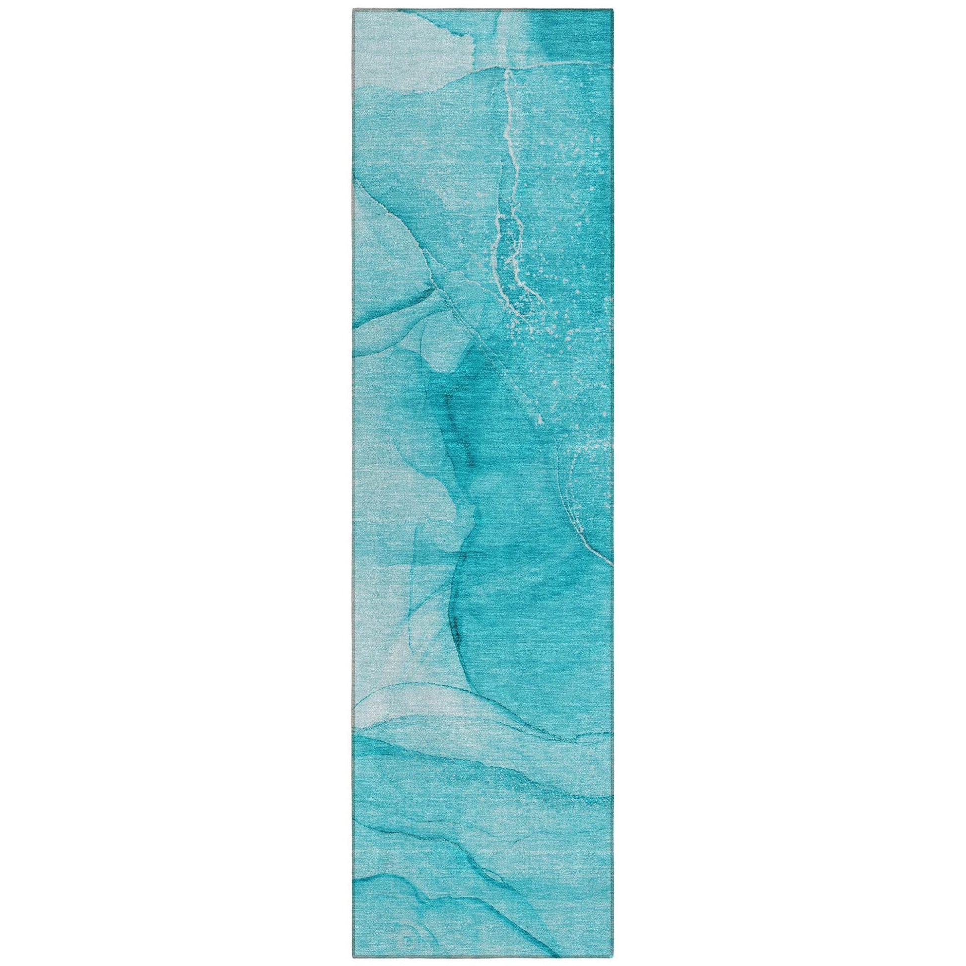 8' Runner Teal Abstract Washable Non Skid Indoor Outdoor Runner Rug - Loft&Timber