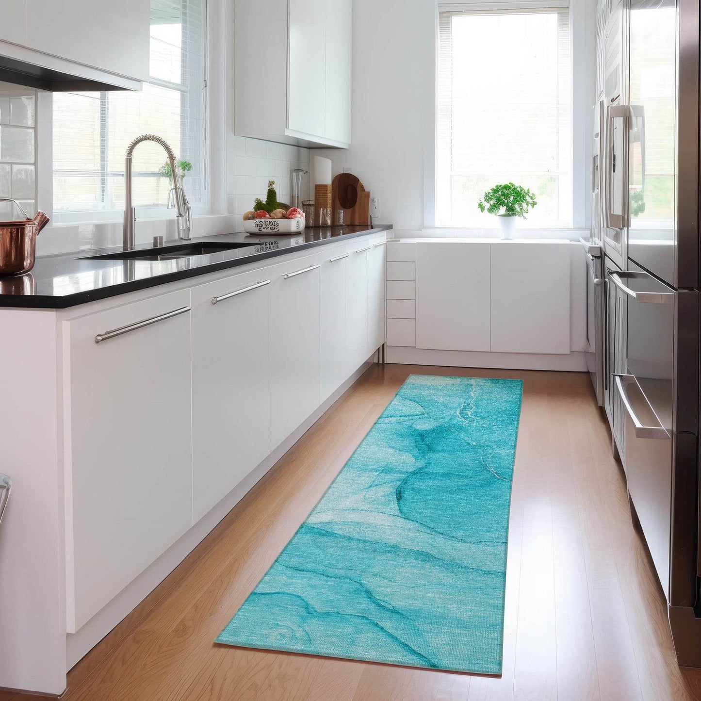 8' Runner Teal Abstract Washable Non Skid Indoor Outdoor Runner Rug - Loft&Timber