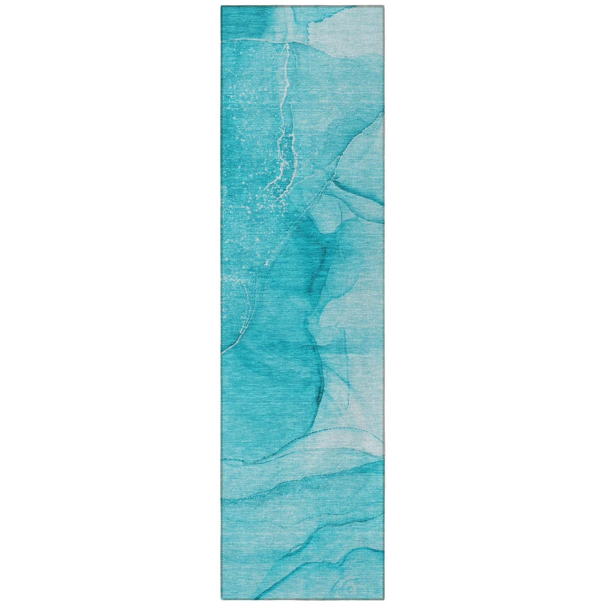 8' Runner Teal Abstract Washable Non Skid Indoor Outdoor Runner Rug - Loft&Timber