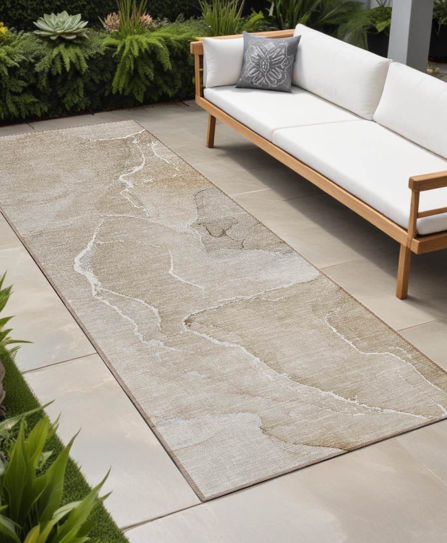 8' Runner Beige Abstract Washable Non Skid Indoor Outdoor Runner Rug - Loft&Timber