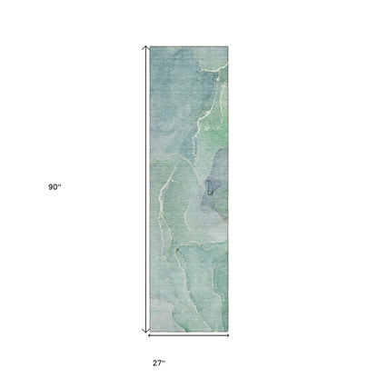 8' Runner Teal Abstract Washable Non Skid Indoor Outdoor Runner Rug - Loft&Timber