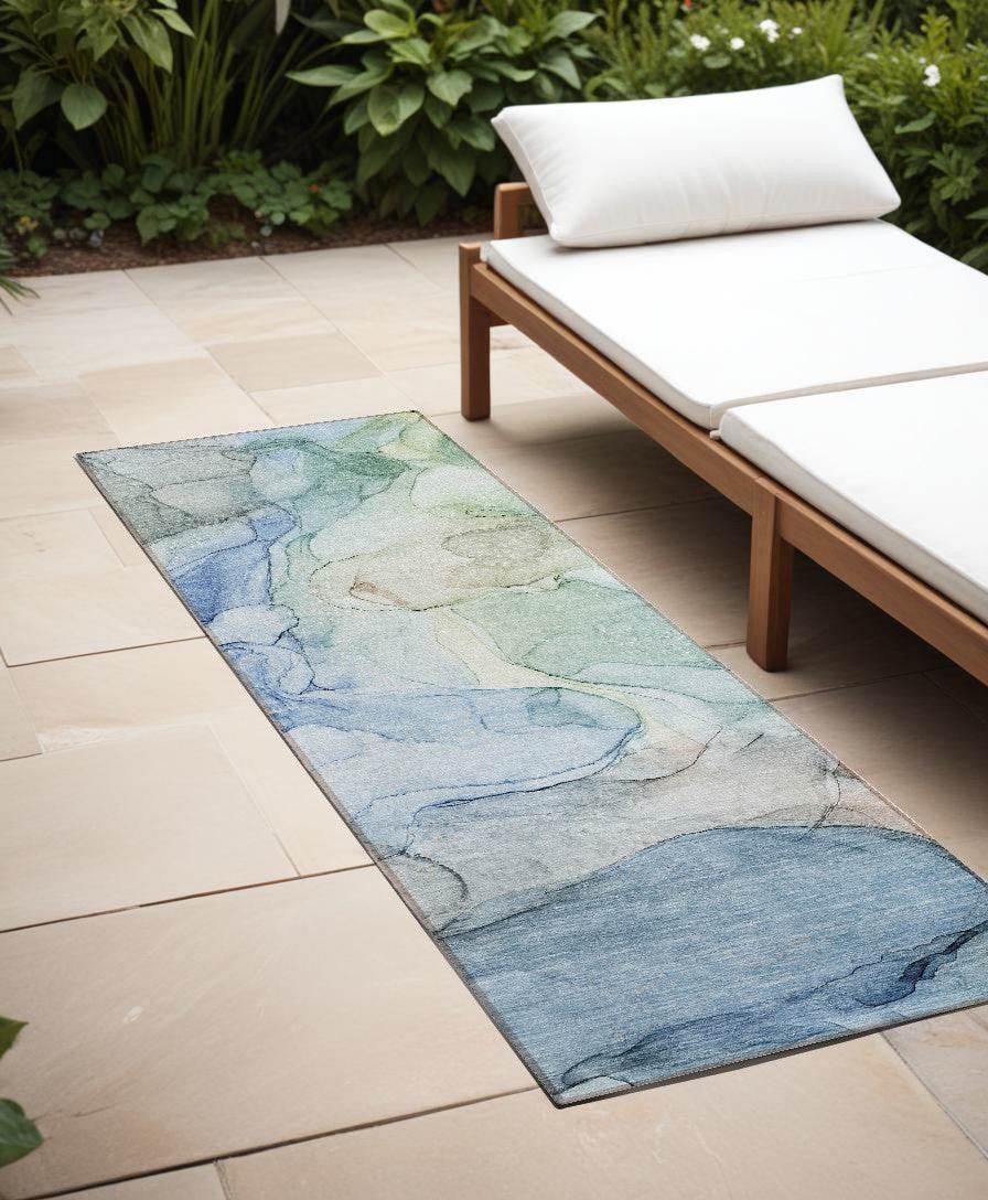 8' Runner Blue Abstract Washable Non Skid Indoor Outdoor Runner Rug - Loft&Timber