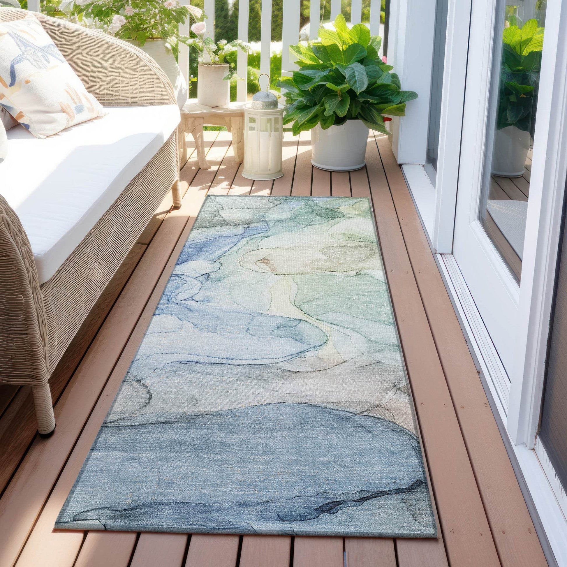 8' Runner Blue Abstract Washable Non Skid Indoor Outdoor Runner Rug - Loft&Timber