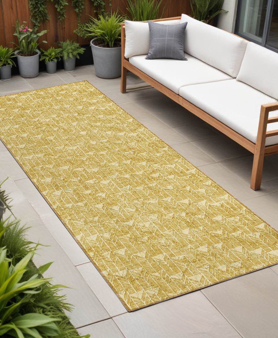 8' Runner Gold Geometric Washable Non Skid Indoor Outdoor Runner Rug - Loft&Timber