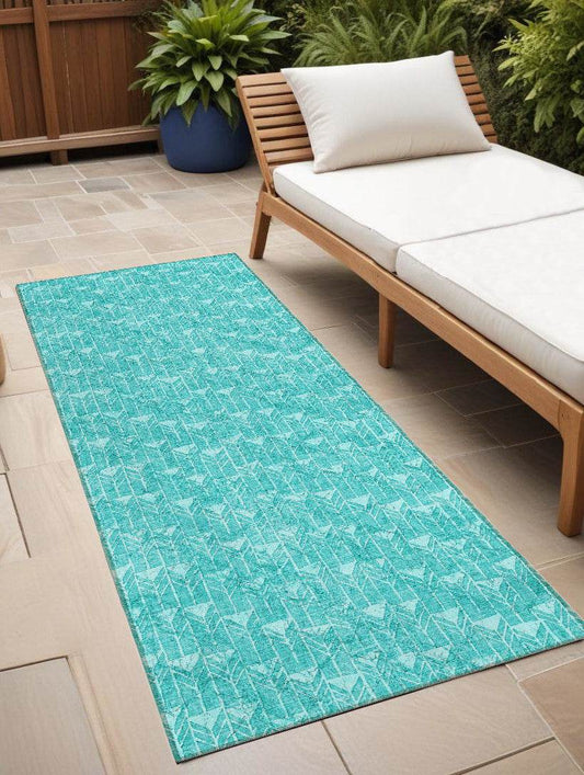 8' Runner Turquoise Geometric Washable Non Skid Indoor Outdoor Runner Rug - Loft&Timber