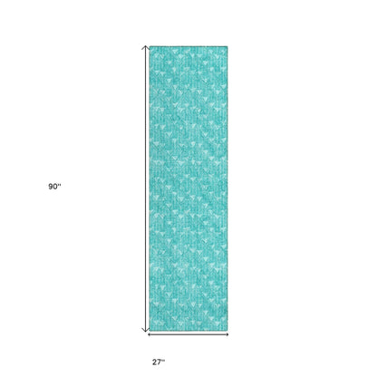 8' Runner Turquoise Geometric Washable Non Skid Indoor Outdoor Runner Rug - Loft&Timber