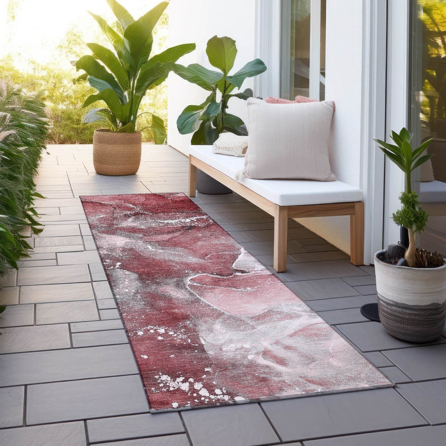 8' Runner Merlot Abstract Washable Non Skid Indoor Outdoor Runner Rug - Loft&Timber