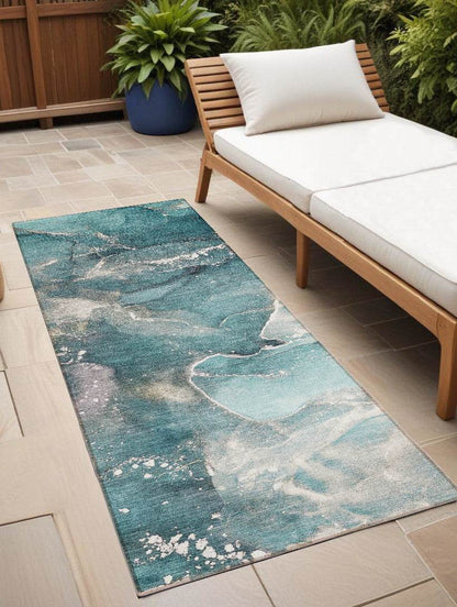 8' Runner Teal Abstract Washable Non Skid Indoor Outdoor Runner Rug - Loft&Timber