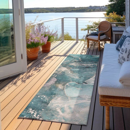 8' Runner Teal Abstract Washable Non Skid Indoor Outdoor Runner Rug - Loft&Timber