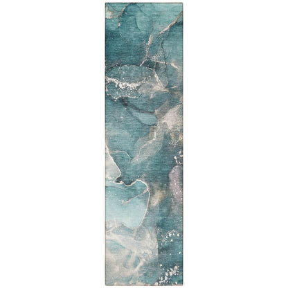 8' Runner Teal Abstract Washable Non Skid Indoor Outdoor Runner Rug - Loft&Timber