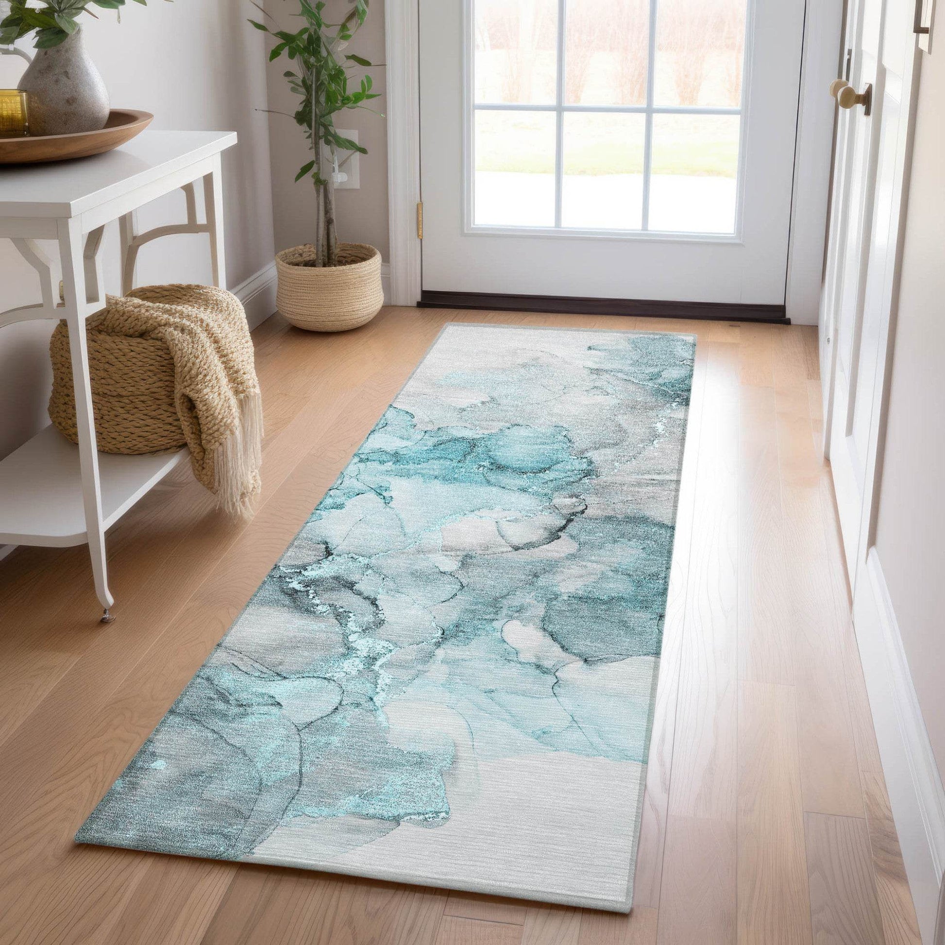 8' Runner Teal Abstract Washable Non Skid Indoor Outdoor Runner Rug - Loft&Timber