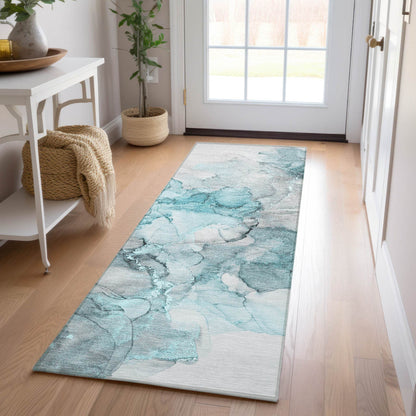 8' Runner Teal Abstract Washable Non Skid Indoor Outdoor Runner Rug - Loft&Timber