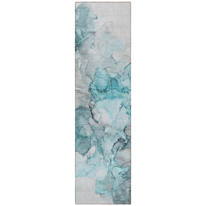 8' Runner Teal Abstract Washable Non Skid Indoor Outdoor Runner Rug - Loft&Timber