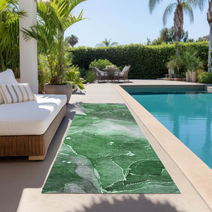 8' Runner Emerald Abstract Washable Non Skid Indoor Outdoor Runner Rug - Loft&Timber