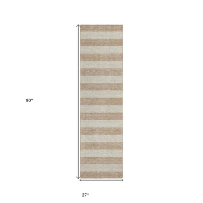 8' Runner Beige Striped Washable Non Skid Indoor Outdoor Runner Rug - Loft&Timber