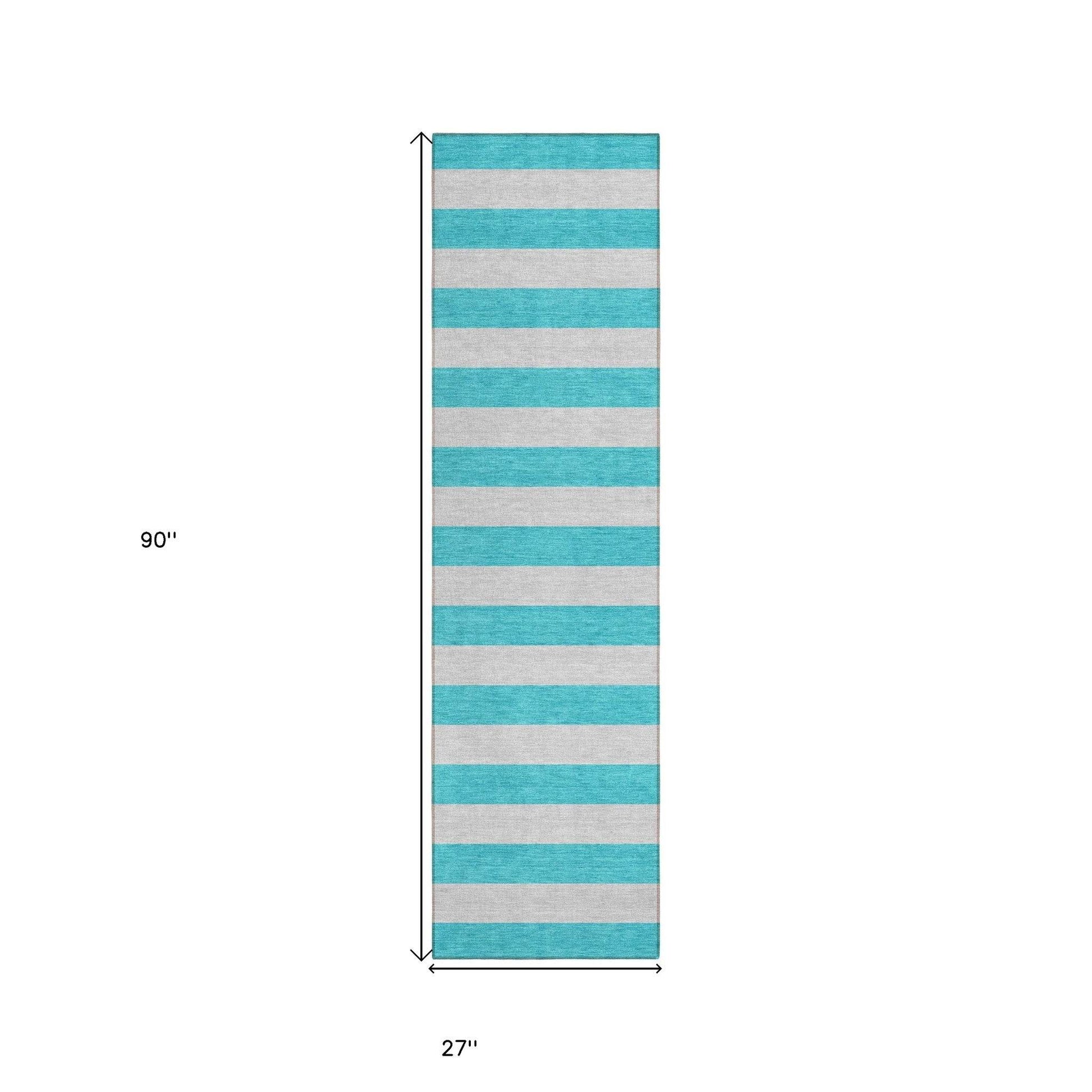 8' Runner Turquoise Striped Washable Non Skid Indoor Outdoor Runner Rug - Loft&Timber