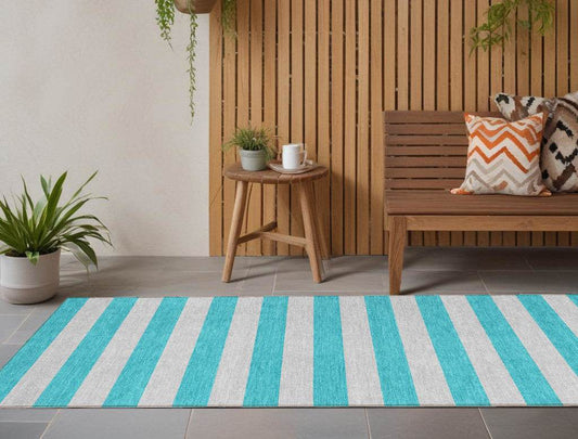 8' Runner Turquoise Striped Washable Non Skid Indoor Outdoor Runner Rug - Loft&Timber