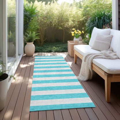 8' Runner Turquoise Striped Washable Non Skid Indoor Outdoor Runner Rug - Loft&Timber