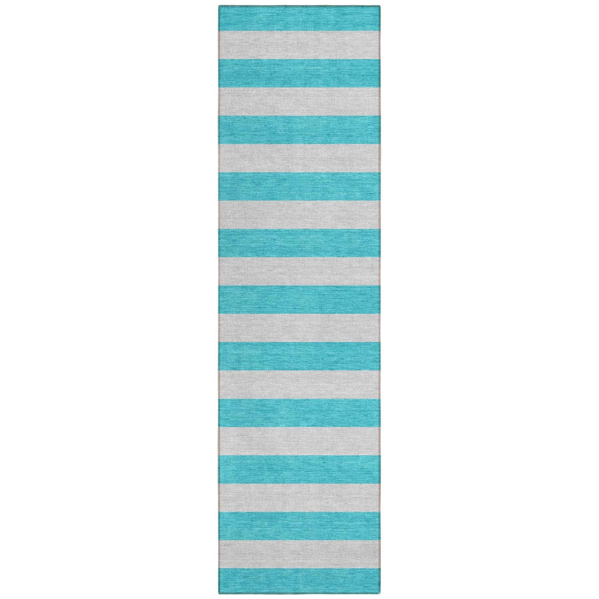 8' Runner Turquoise Striped Washable Non Skid Indoor Outdoor Runner Rug - Loft&Timber