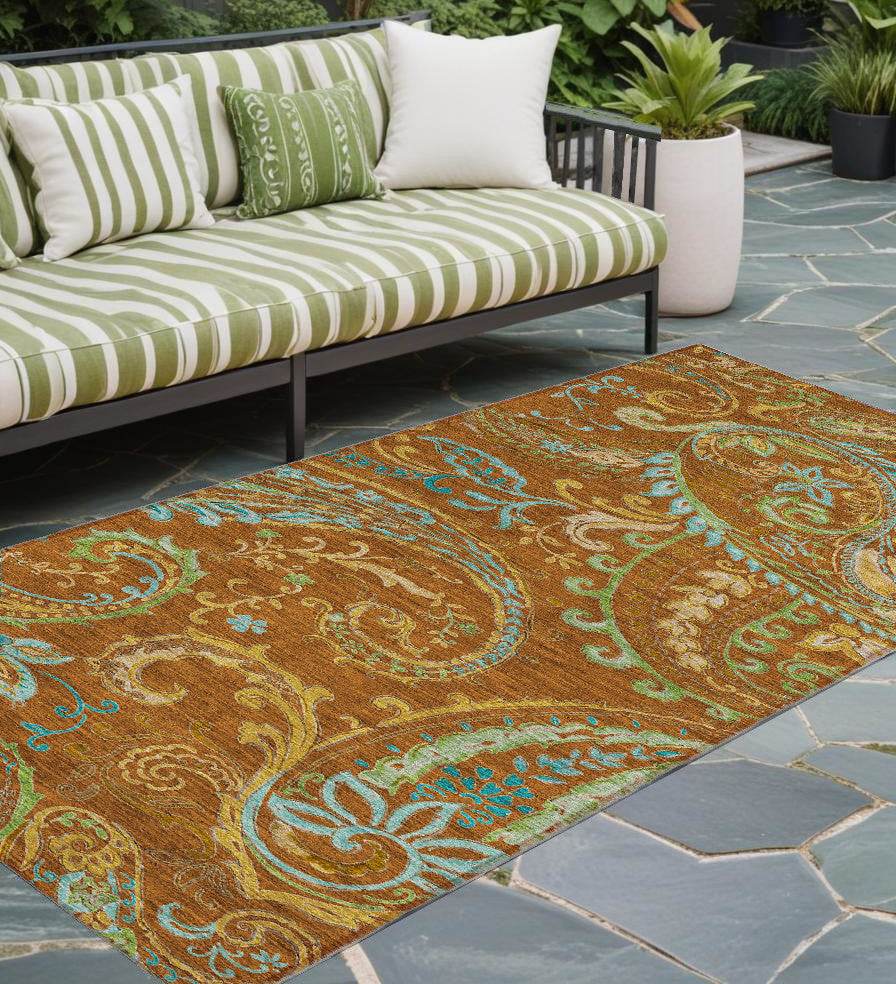 8' Runner Orange Paisley Washable Non Skid Indoor Outdoor Runner Rug - Loft&Timber